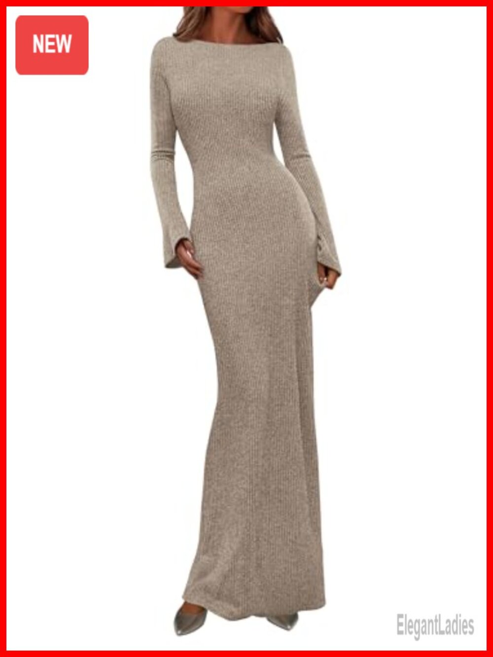 Women's Ribbed Knit Bodycon Maxi Dress Long Bell Sleeve Boat Neck